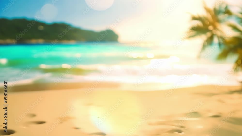 Poster the camera pans across a pristine tropical beach capturing the sparkling waves and a lone palm tree 