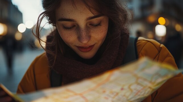 A woman is looking at a map with a smile on her face