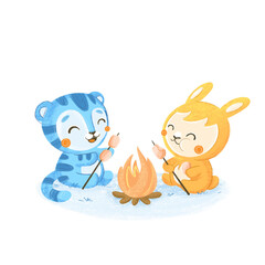 baby animals have fun near the fire
