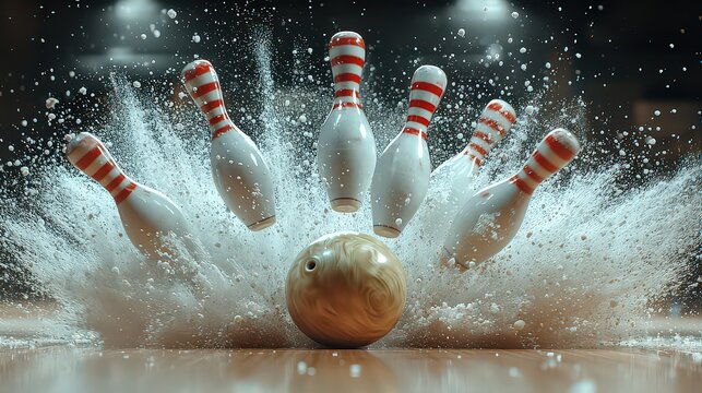 dramatic shot of bowling pins being knocked over by a bowling ball, capturing the motion and impact of a strike.