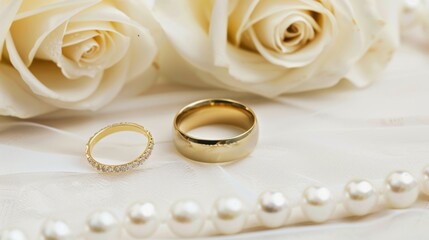 Wedding Rings and White Roses on a White Background