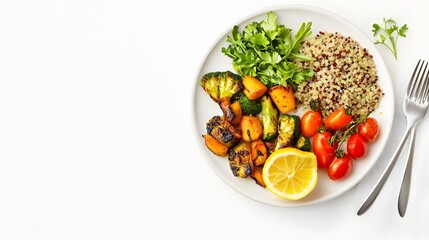 a realistic top view of a healthy lunch plate with quinoa, roasted vegetables, and a lemon wedge, placed on a white background, healthy food