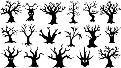 Set of silhouettes of Halloween Spooky Trees