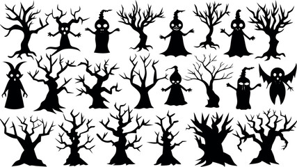 Set of silhouettes of Halloween Spooky Trees