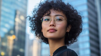 Obraz premium A woman with curly hair and glasses stands in front of a building