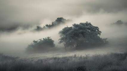 Fototapeta premium A foggy forest with trees and a misty sky