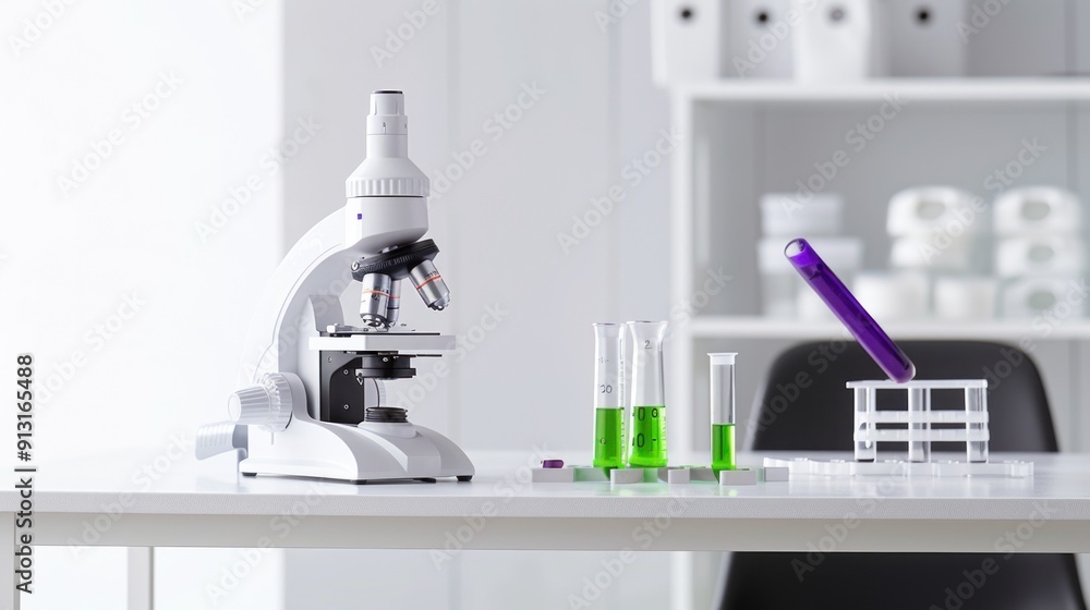 Poster microscope and test tubes in a laboratory setting