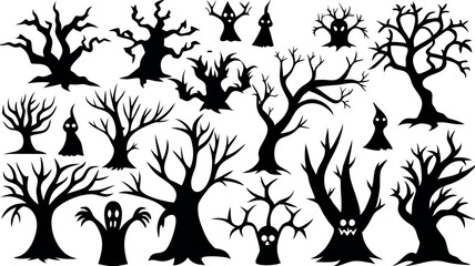 Set of silhouettes of Halloween Spooky Trees