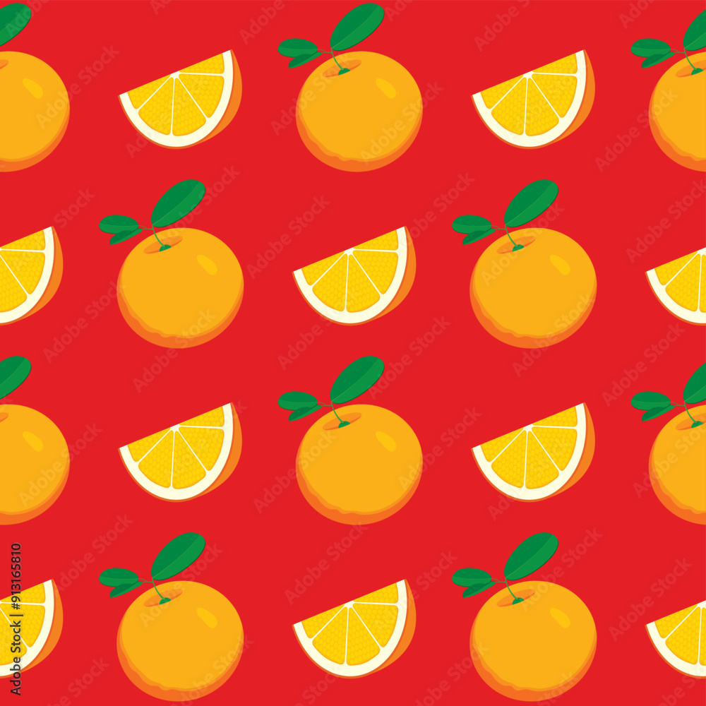 Poster fruit seamless pattern with taste whole and slice orange on red backdrop. summer vector background i