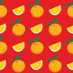 Fruit seamless pattern with taste whole and slice orange on red backdrop. Summer vector background in flat style with citrus fruits. Suitable for wallpaper, wrapping paper, fabric