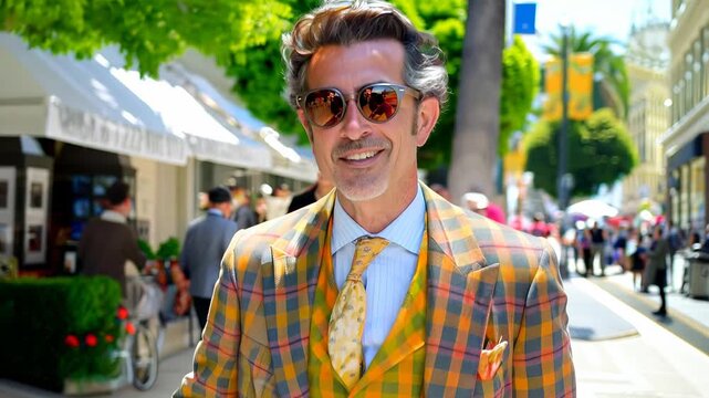 A sharply dressed man enjoys a sunny afternoon, showcasing vibrant fashion against a lively backdrop of Beverly Hills