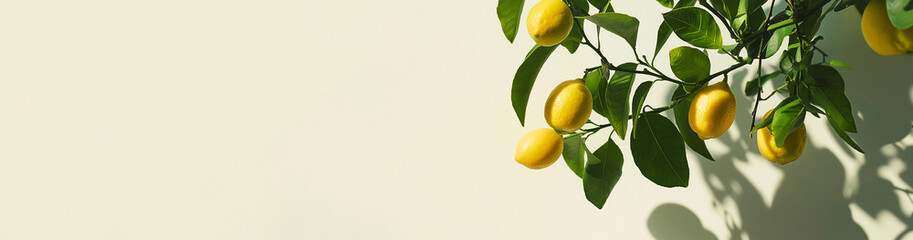 Yellow lemons hanging on a branch with green leaves on white background. AI generation