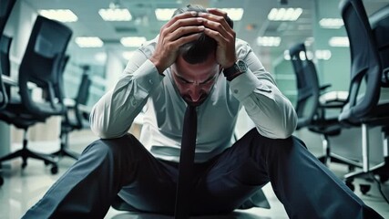 A man sits on the floor, head in hands, surrounded by empty chairs, embodying the weight of overwhelming stress and solitude in a corporate environment