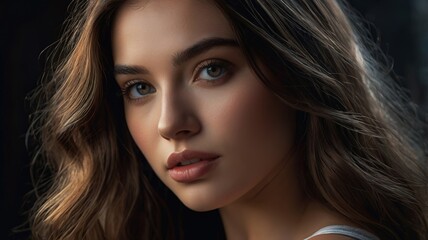 Naklejka premium A woman with long brown hair and blue eyes is smiling