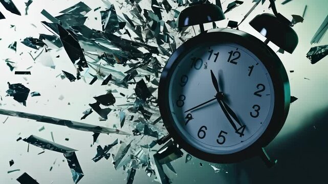 An alarm clock bursts into countless shards, scattering across the surface in a dramatic display, capturing the essence of fleeting moments