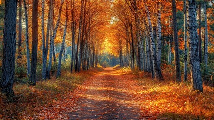 Tranquil Autumn Forest Trail with Golden Light Canopy for Content or Quotes