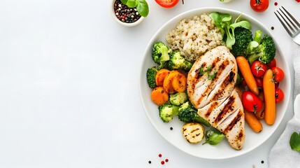 A realistic top view of a plate of grilled chicken breast with a side of steamed vegetables and quinoa, arranged on a white background, Healthy Food.