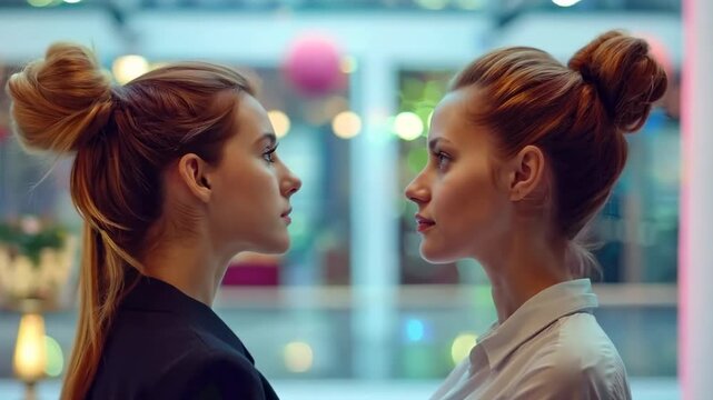 Two women engage in a compelling face-off, showcasing contrasting styles and emotions in a modern, vibrant environment