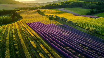 Bird's-eye view of patchwork lavender and rapeseed fields in Provence and golden hour light painting the scene 