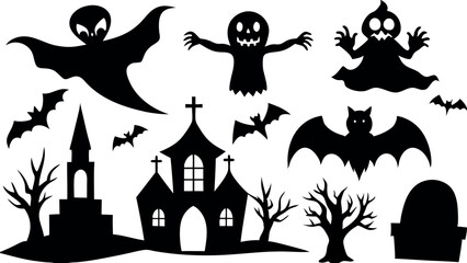 Set of silhouettes of Halloween on a white background. template and decoration. Vector illustration