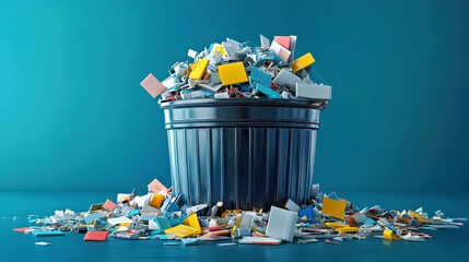 Fototapeta premium Digital Junkyard - 3D Model of Chaotic Virtual Trash Bin with Glossy Finish on Spacious Background for Text Placement