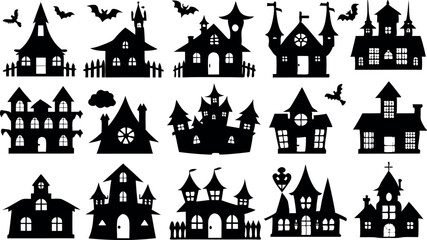 Set of silhouettes of Halloween house