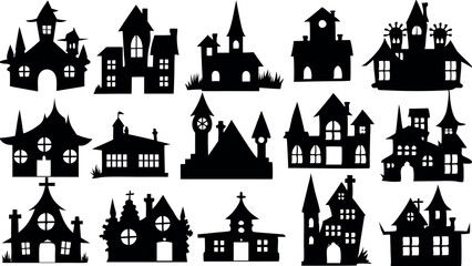 Set of silhouettes of Halloween house