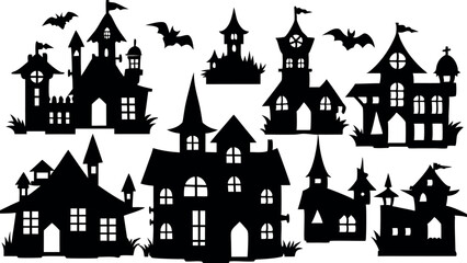 Set of silhouettes of Halloween house