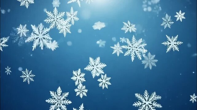 Slow snowfall, falling snowflakes on a light blue background with copy space on a red Christmas holiday background
