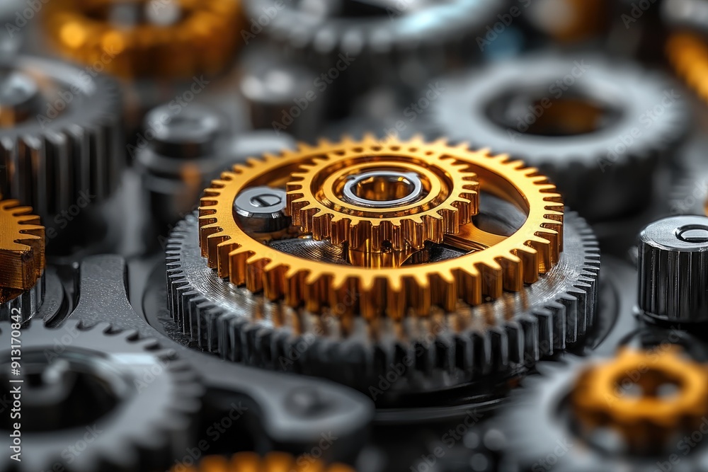 Poster golden gears rotating in a complex mechanism