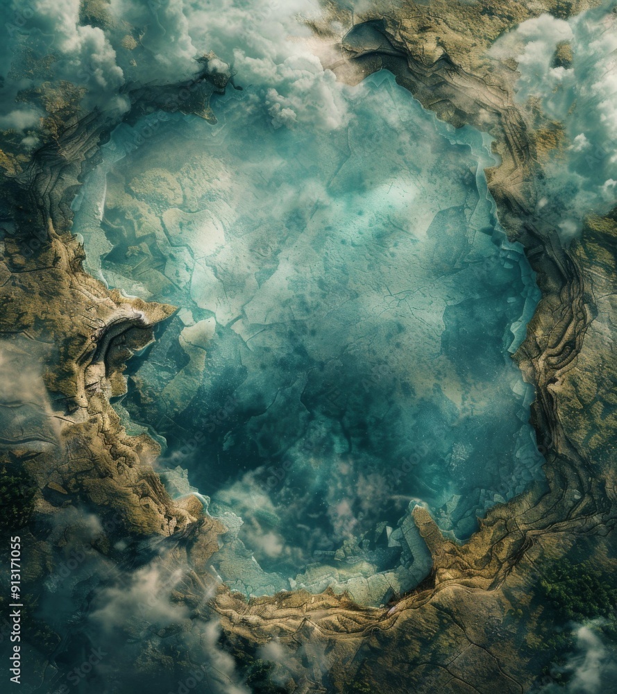 Poster a view of a large hole in the ground surrounded by clouds. ai.
