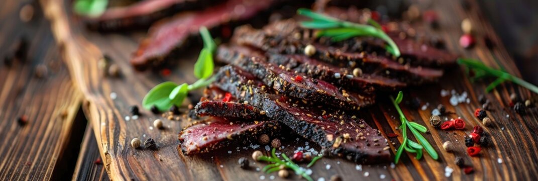 Close up of sliced biltong and spices on a wooden chopping board