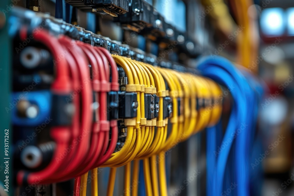 Poster electrical cabinet showing colorful terminal blocks with connected wires