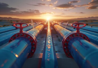 A group of pipes with the sun setting in front. AI.