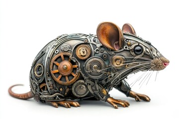 Fototapeta premium Steampunk mechanical rat posing on white background