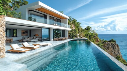 Fototapeta premium Luxury infinity pool overlooking the ocean at a modern villa