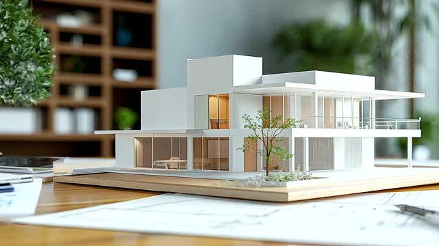 White modern luxurious building design 3D model on a wooden desk, accompanied by papers with architectural drawings and site blueprints for construction work