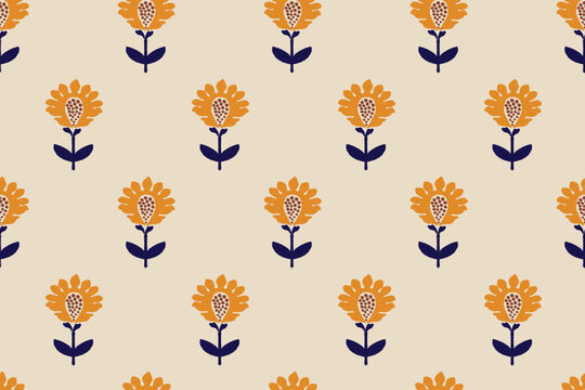 Floral ethnic ikat seamless pattern traditional design for background, carpet, wallpaper, clothing, wrapping, fabric, vector illustration, embroidery style, Ajrakh, block print, batik print allovers