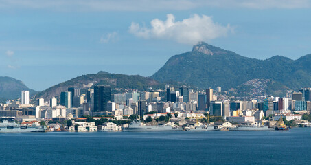 Rio de Janeiro Skyline from Rio Niteroi Bridge - Sugarloaf Mountain and Christ the Redeemer Statue Corcovado in the background