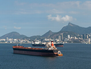 Cargo Ships in Guanabara Bay in Rio de Janeiro Skyline - Christ the Redeemer Statue in the...