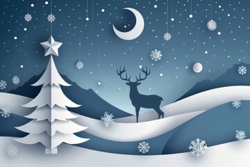 Enchanting winter night landscape with reindeer, crescent moon, and snow-covered hills
