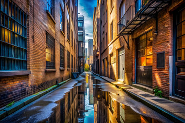 A narrow alleyway with a brick building on the left and a brick building on the right. The alleyway is wet and has a reflection of the buildings in the water © Butsarakham