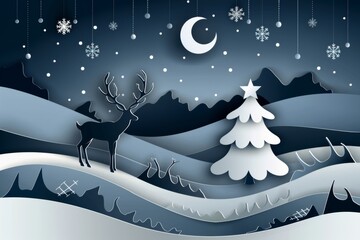 Winter landscape with reindeer, snowy hills, Christmas tree, and falling snowflakes under a crescent moon