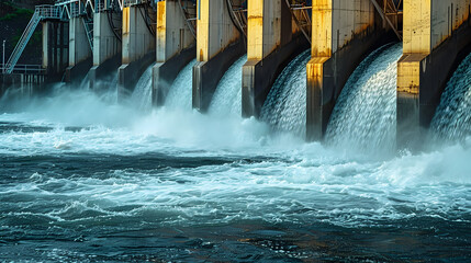 A hydroelectric dam with water flowing powerfully through turbines.