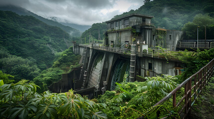 A hydroelectric plant with lush vegetation surrounding the structure.