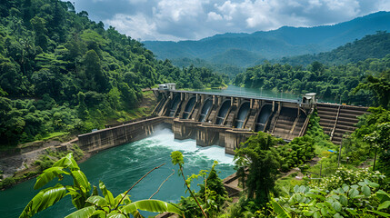 A hydroelectric plant with lush vegetation surrounding the structure.
