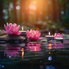 A serene arrangement of candles and lotus flowers floating gracefully on the surface of calm water.