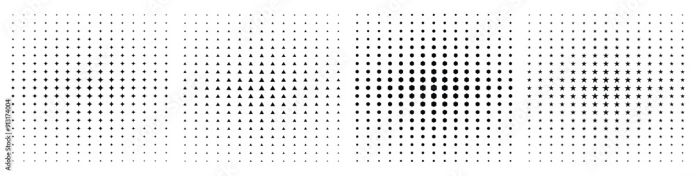 Poster set of four different halftone pixel effect vector background space holder, square halftone gradient