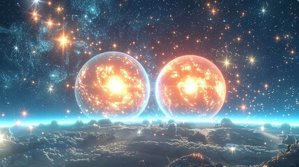 Obraz premium Two shimmering spheres, amidst starlit skies and drifting mists, set against an azure backdrop