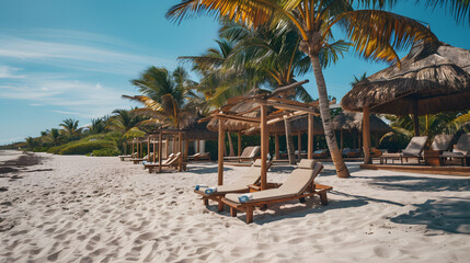 A luxurious beach resort with sun loungers and cabanas on a sandy beach.